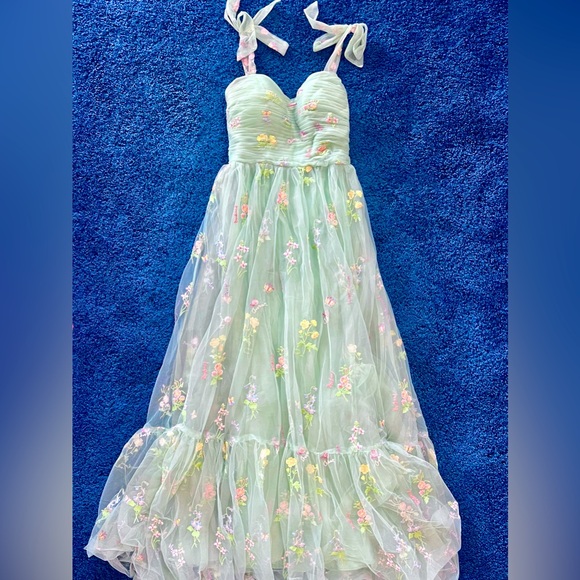 Spring Green Chiffon Dress with embroidered flowers - Picture 2 of 3